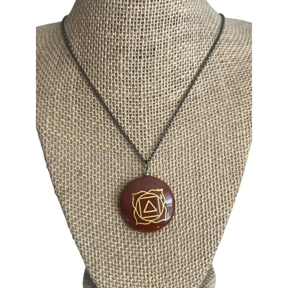 Root Chakra Pendant Necklace Red Jasper Gold Symbol Antique Gold Chain Adj 23" - Picture 1 of 6